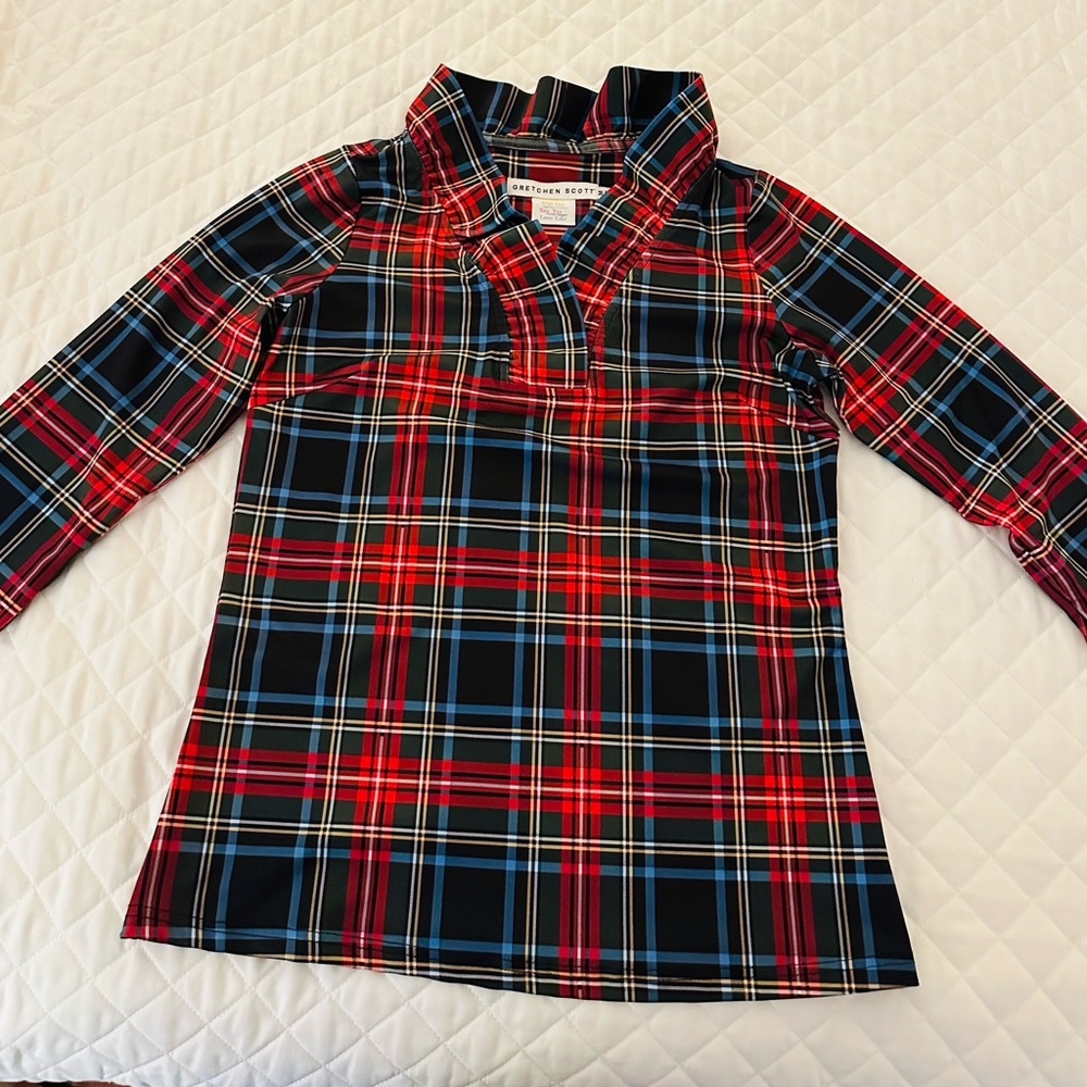 Gretchen Scott Designs Ruffle neck Plaid Blouse